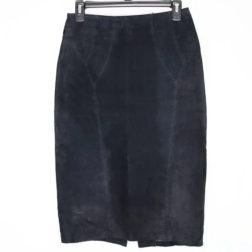 La Nauvelle Renaissance Skirt Womens 6 8 Black Suede Leather Lined Pencil Vtg